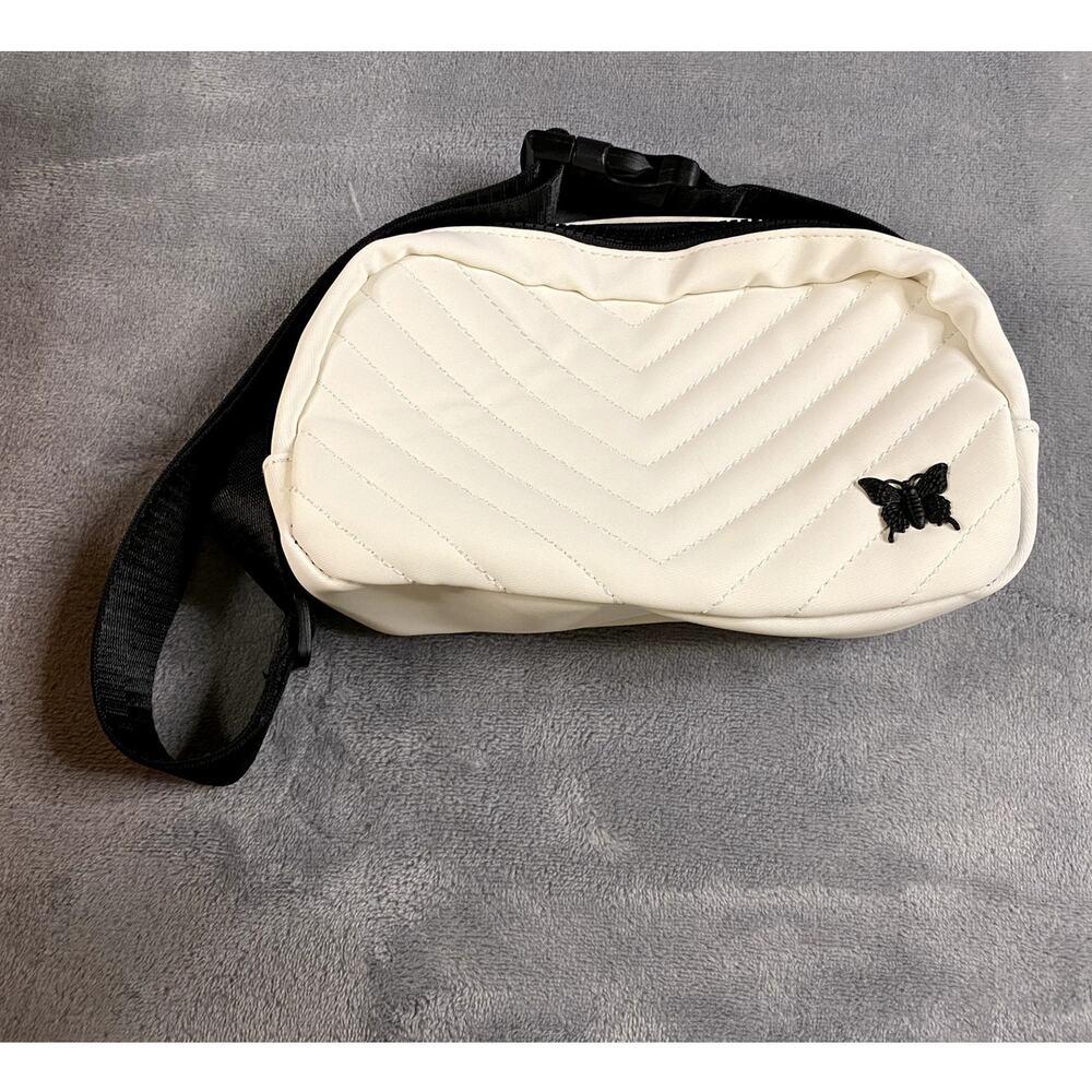 White Quilted Belt Bag Crossbody Fanny Pack Butterfly Detail Minimalist